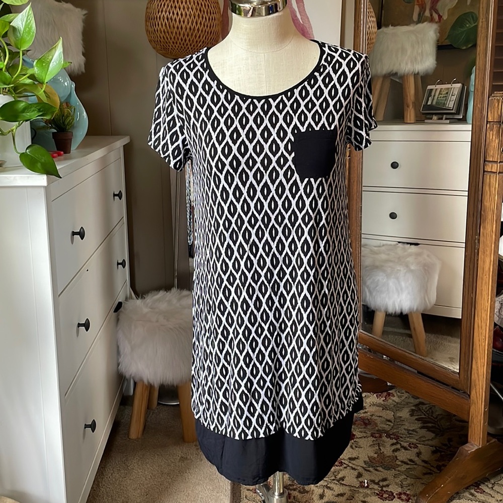 Vintage Anne Klein black and white argyle geometric print dress, M